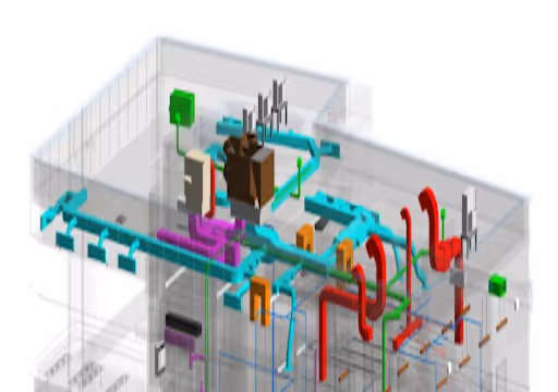 3D model of building mechanical systems with ducts, pipes, and electrical conduits in various colors.