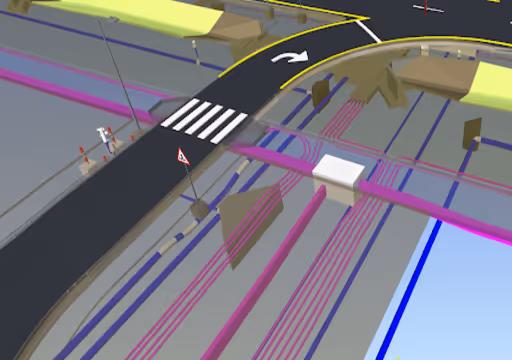 3D model of road with zebra crossing, directional arrow, utility lines, and structures under the road.