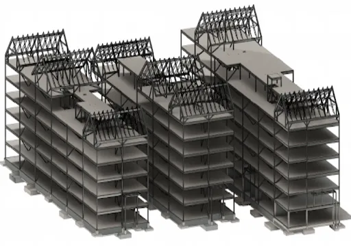 3D model of a large multi-story building structure with exposed steel framework and roof trusses
