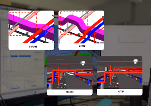 Screens show 3D models with red piping adjusted between before and after views in design software.