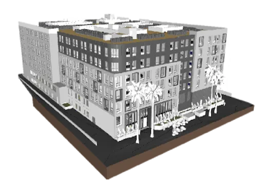 3D model of a multi-story urban building with palm trees along the sidewalk.