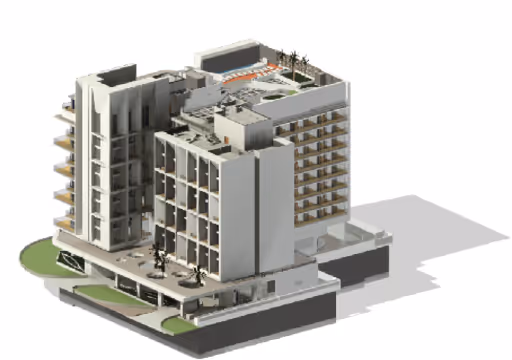 3D model of a multi-story building with balconies, rooftop pool, and green spaces.