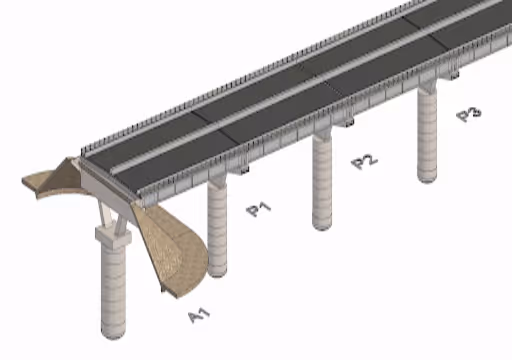3D model of a highway bridge with pillars labeled P1, P2, and P3, and abutment labeled A1.
