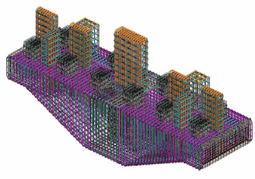 3D wireframe model of a structural platform with vertical and rectangular column elements.