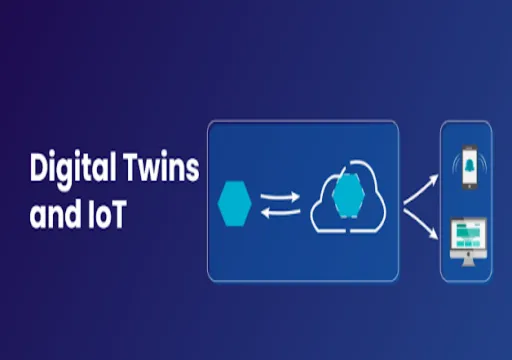 Diagram showing Digital Twins and IoT with data flow between device, cloud, mobile, and desktop screens.