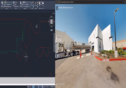 Split screen of CAD building layout on left and a tanker truck near a white industrial building on right.
