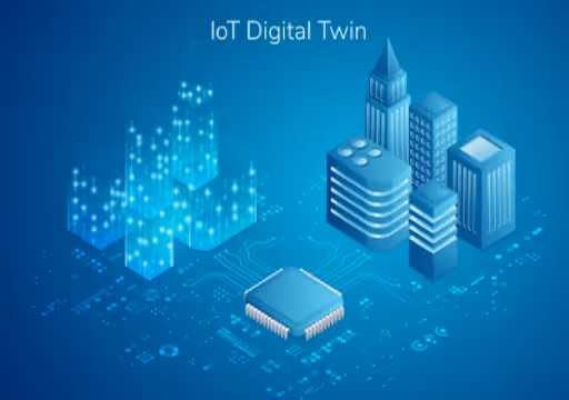 Illustration of IoT digital twin showing connected city buildings and digital data representation.