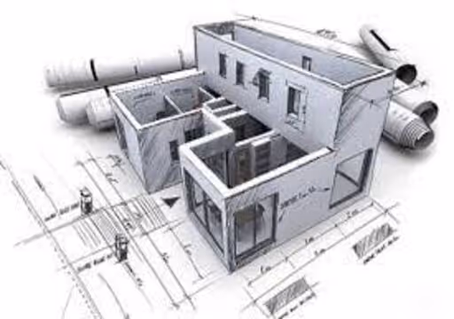 3D architectural house model on blueprints with rolled design plans around it.