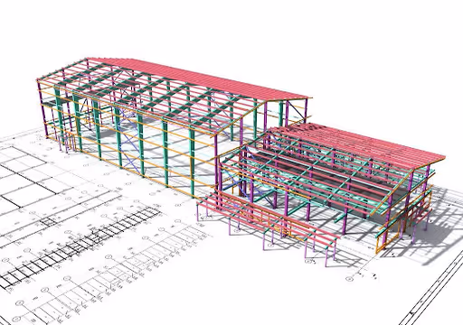 3D model of multicolored steel building frame on architectural floor plans.