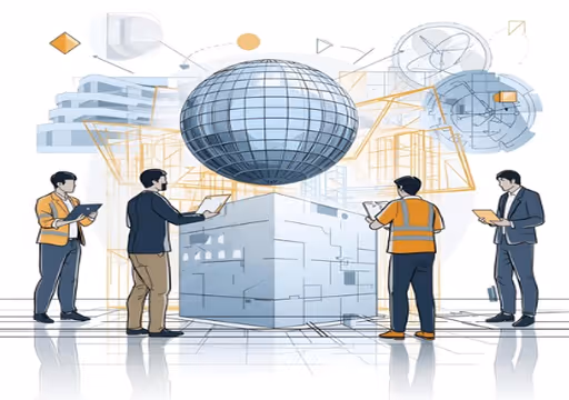 Four people examining a large cube and hovering globe with architectural and technical drawings.