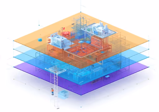 Three-layer transparent 3D model of a building with detailed interiors and a person climbing a ladder.