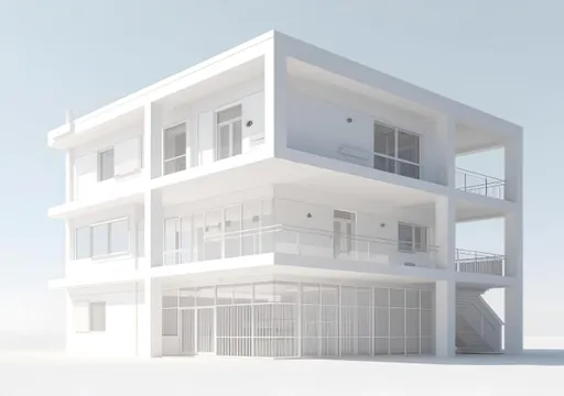 White modern three-story building with large windows and balconies on a bright background.