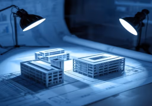 Architectural models of three modern buildings lit by two desk lamps on blueprints.