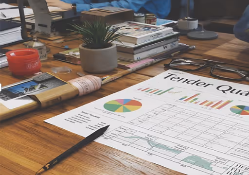 Wooden desk with financial charts, a pencil, eyeglasses, potted plant, and stacked books.
