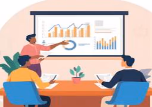 Person presenting charts and graphs on a screen to two seated people at a conference table.