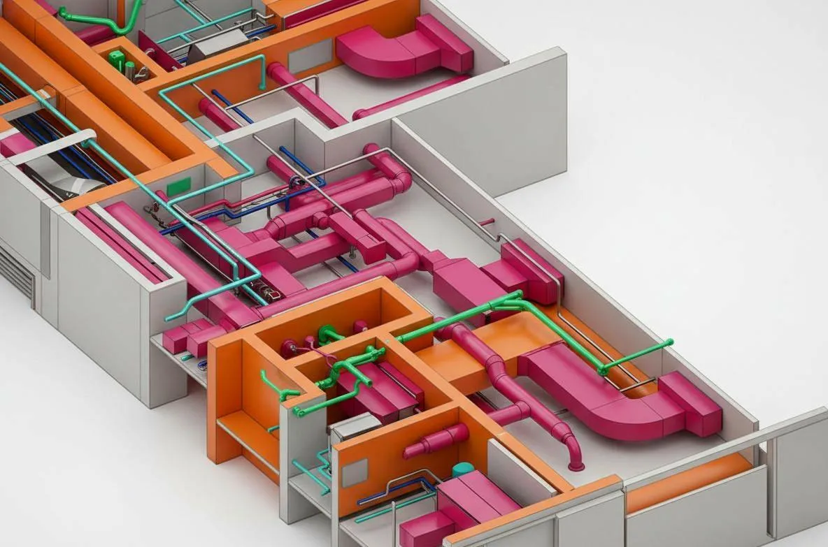 3D model of building HVAC system showing pink ducts, orange walls, and green and blue pipes.