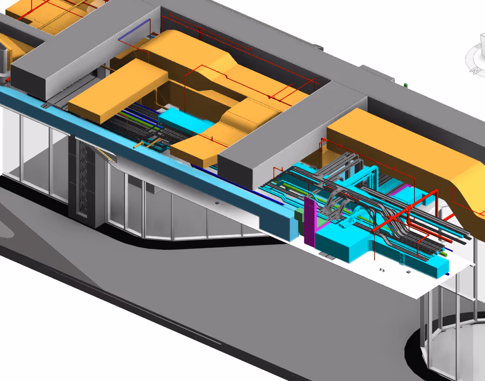 3D model of building ceiling showing HVAC ducts, electrical conduits, and piping in various colors.