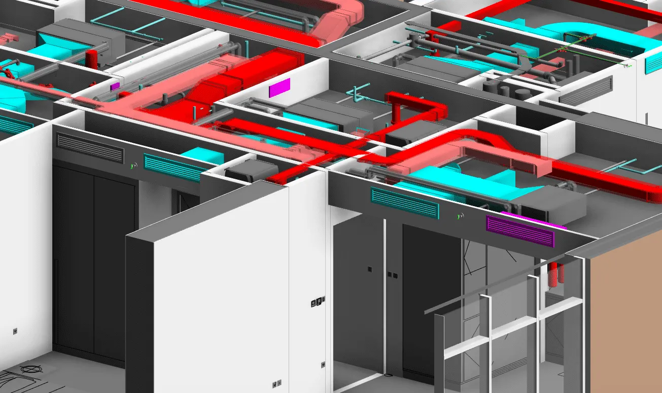 3D building model showing HVAC ducts and pipes in red, blue, and gray inside room partitions.