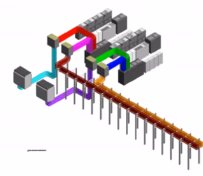 3D electrical model showing blocks connected by colored cables and vertical poles in a grid pattern.