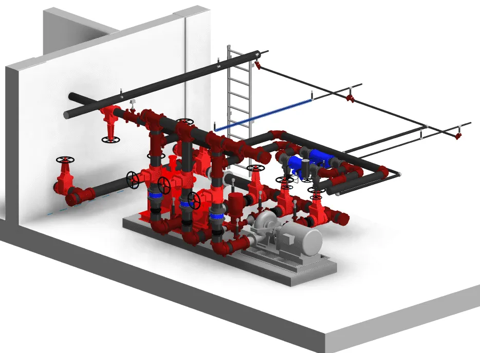 3D model of a pump room setup with red valves, black pipes, a motor pump, and a ladder on a white base.