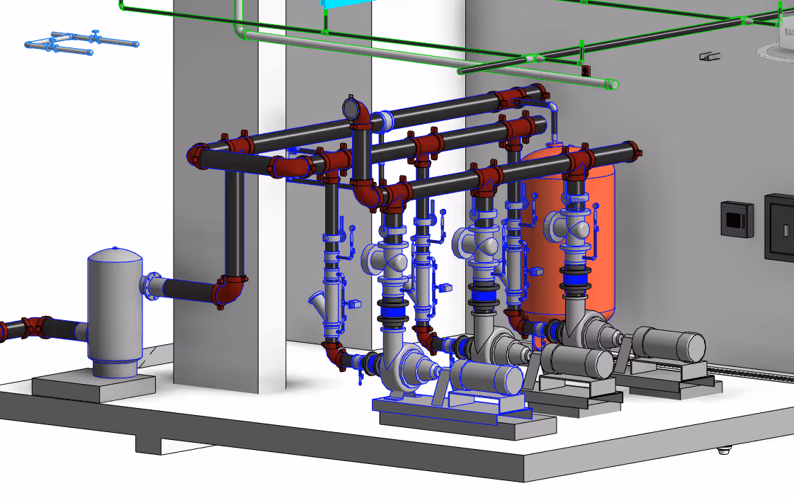 3D model of an industrial pump room with three pumps connected by red and black pipes on a platform.