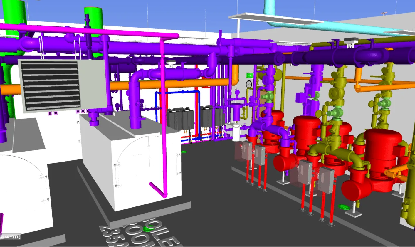 3D model of industrial mechanical room with colorful pipes and red pumps on gray floor.