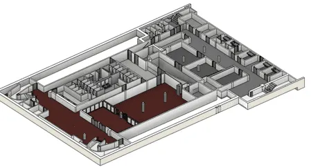 3D architectural floor plan showing multiple rooms and open spaces with varying floor colors.