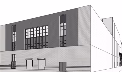 3D architectural rendering of a modern gray and white building with large windows and doors.