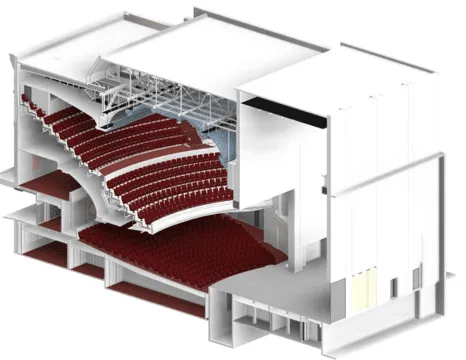 Cutaway view of a theater showing multiple seating levels, stage area, and structural details.