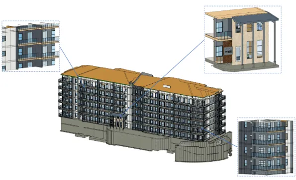 3D model of modern apartment building with zoomed-in views of balconies and exterior details.
