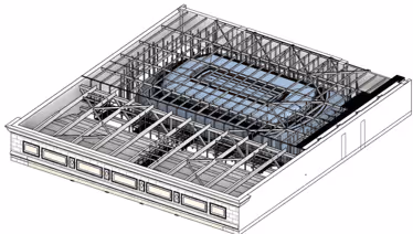 3D architectural model of a building structure with roof framing and central open space.