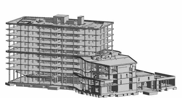 Three-dimensional architectural model of a multi-story building with exposed floors and structural elements.