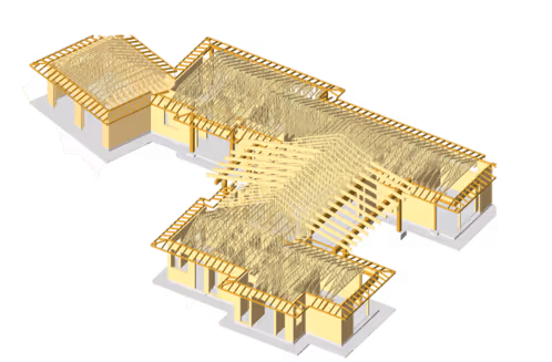 3D architectural rendering of a building structure showing wooden roof framing in yellow.