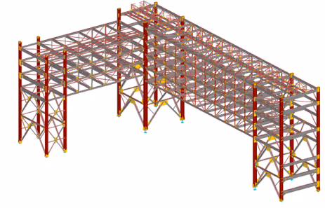 3D model of a steel truss framework structure with red vertical supports and gray horizontal beams.