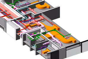 3D model of a building's HVAC ductwork and piping system with colored sections.