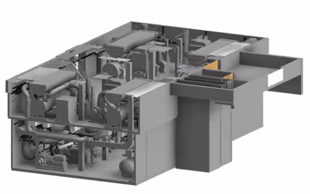 3D model of an industrial machine with pipes, vents, and compartments in gray scale.