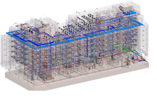 3D building model showing internal HVAC and plumbing system with color-coded pipes and ducts.