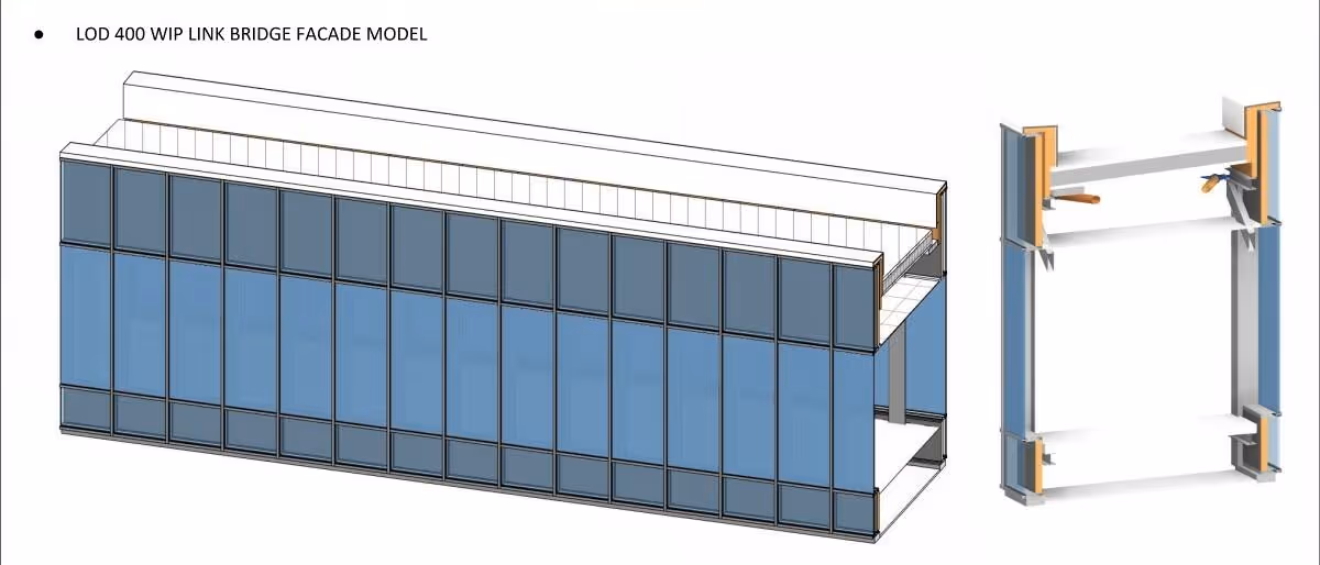 3D facade model of a building with blue glass panels and a cross-section view of the structure.
