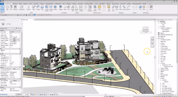 3D architectural model of a residential area with buildings, paths, trees, and roads in design software.