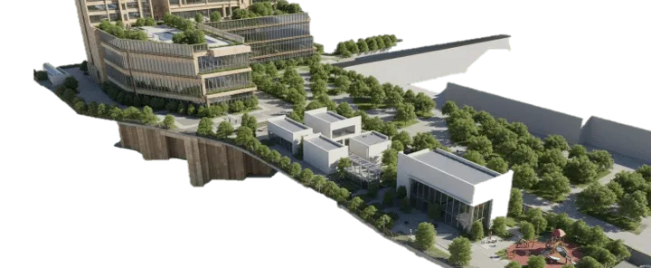Modern office buildings with rooftop pools and green landscaping in a spacious business park