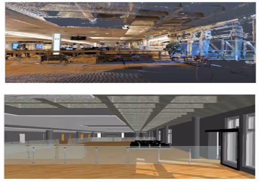 Comparison of a 3D scanned interior view and a digital 3D model of the same room with wooden floors.