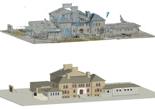 3D comparison of an old building: upper is a scanned model, lower is a digital reconstruction.