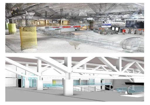 Comparison of a 3D scanned industrial space and its clean digital architectural model showing structure and layout.