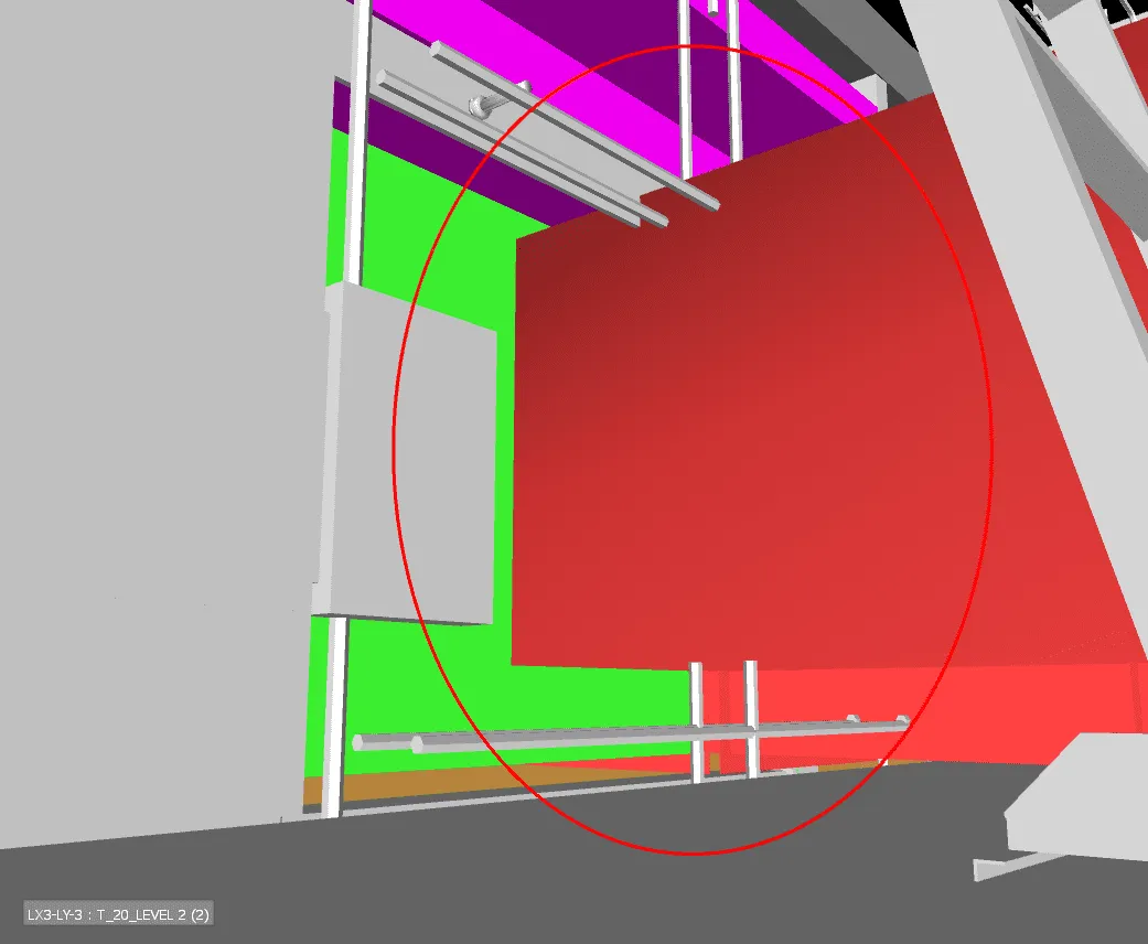 3D model of a building interior with red and green walls and gray structural beams.