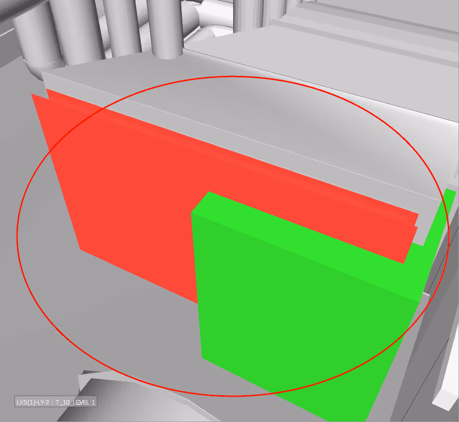 3D model of overlapping red and green rectangular panels within a gray mechanical structure.