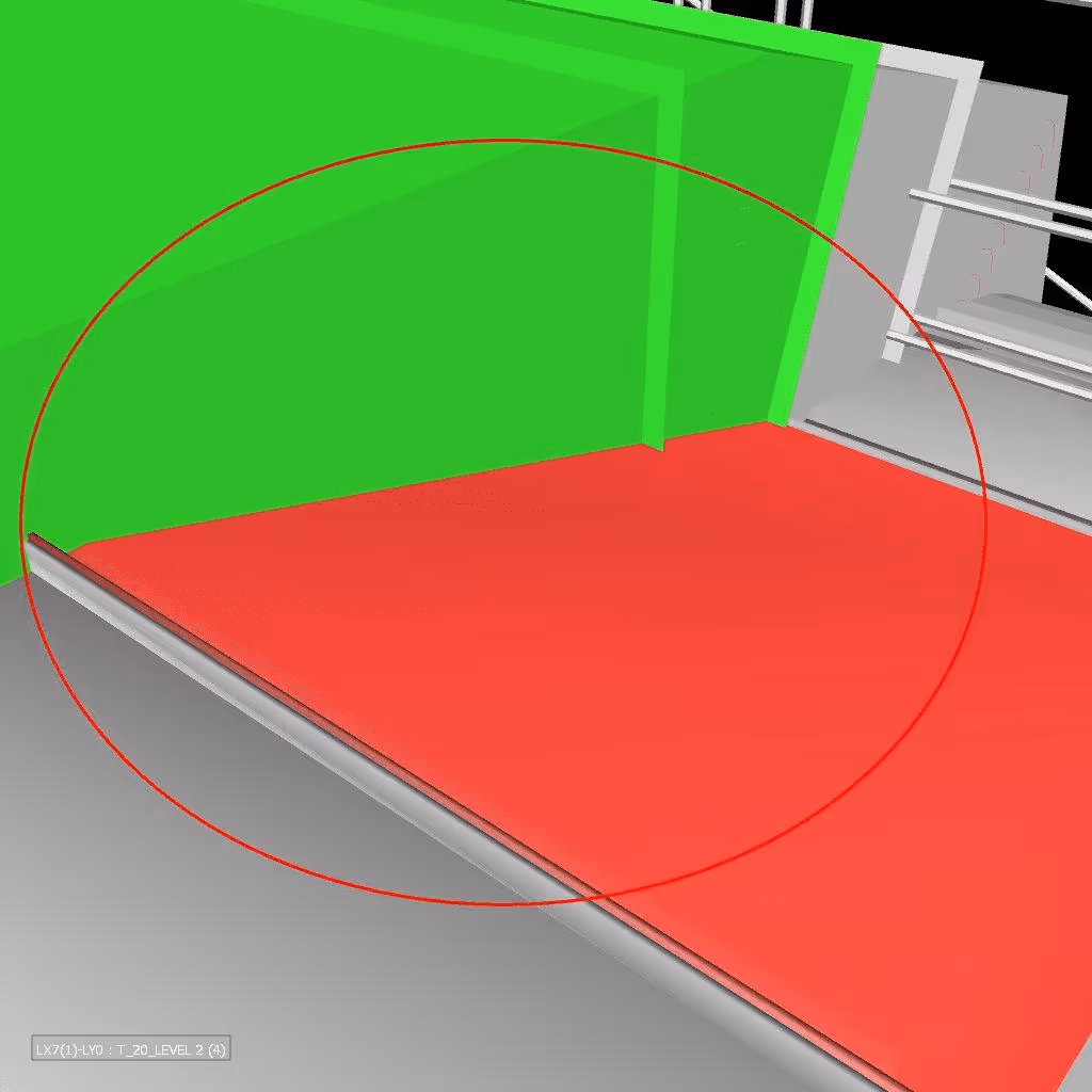 3D diagram of a green and red sectioned corner with gray surrounding structures.
