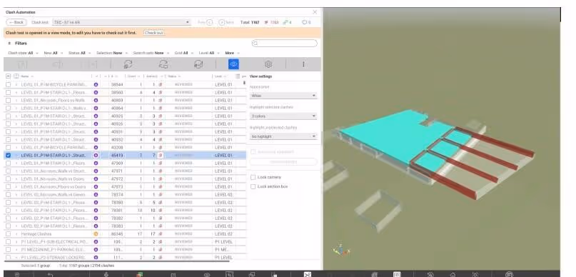 BIM software interface showing clash detection results with a 3D model visualization of building elements.