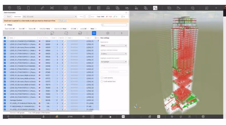 Software interface showing a building model in 3D with clash detection data and filters on the left.