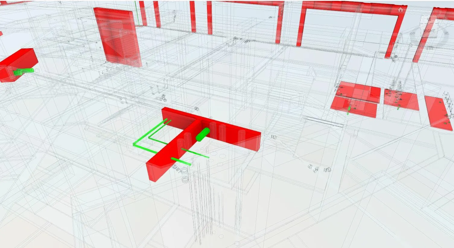 3D building model highlighting structural clashes in red and green within transparent wireframe design.
