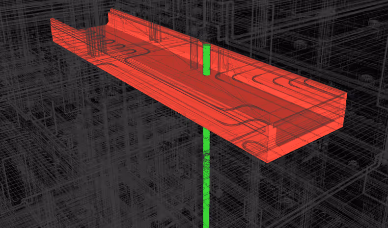 3D wireframe model showing a red rectangular beam clashing with a vertical green pipe.